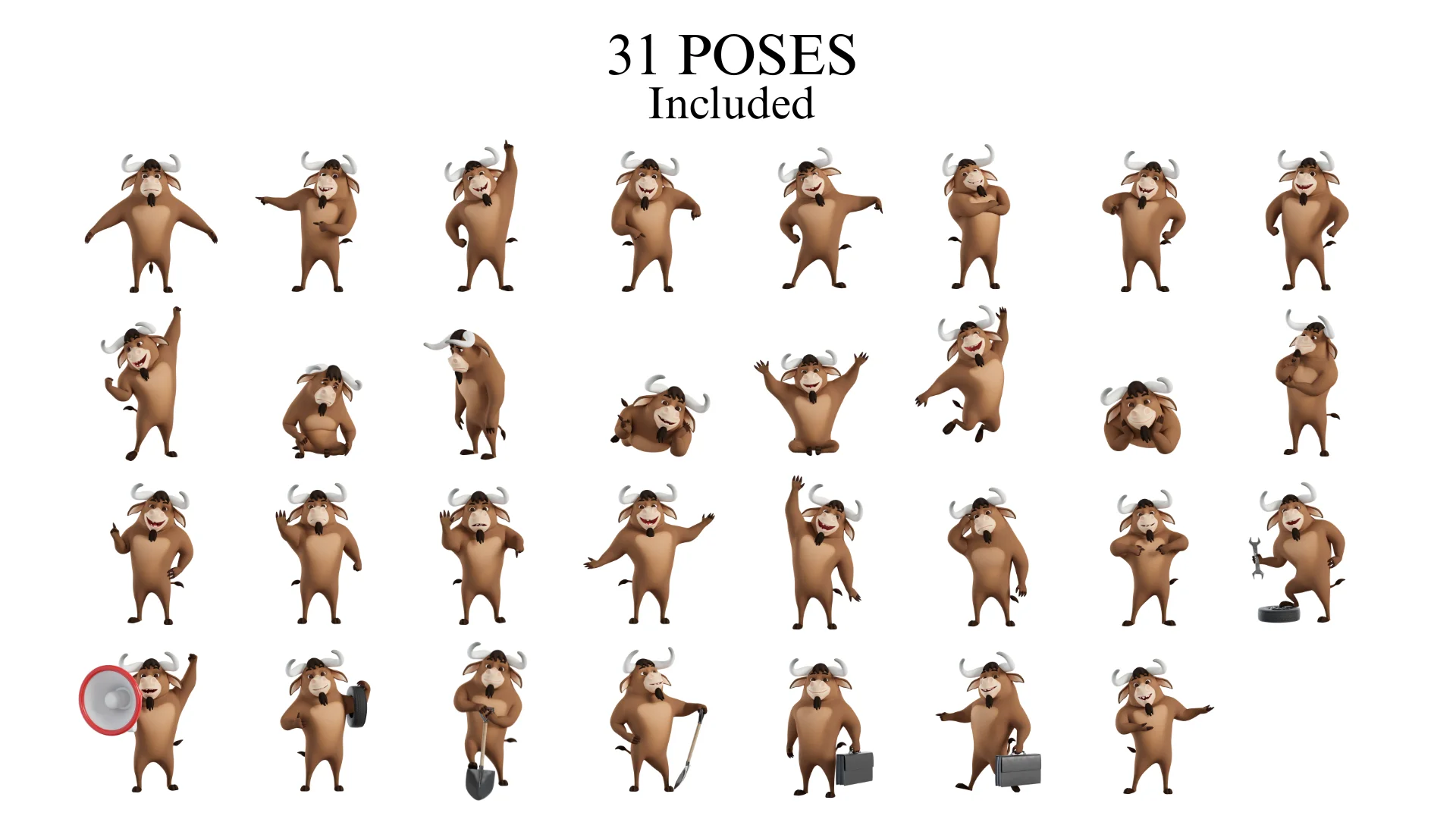 31 pre-made poses for stylized bull mascot 3D character